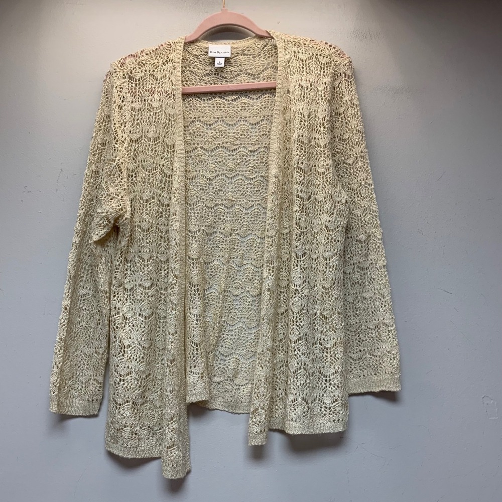 Kim Rogers Cardigan Womens L Cream Excellent Open Knit Crochet Long Sleeve Layer